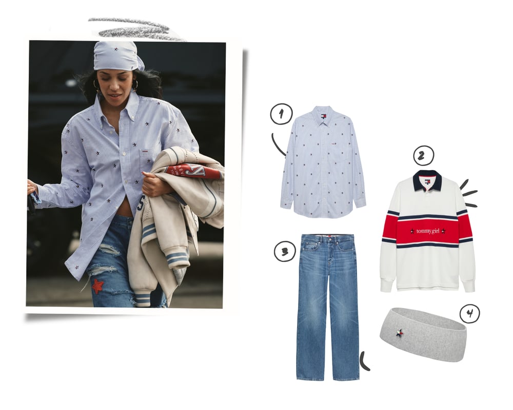 Looks em destaque da coleção cápsula Tommy Girl, incluindo camisas de riscas, jeans e peças com logotipo, estilizadas por Aleali May